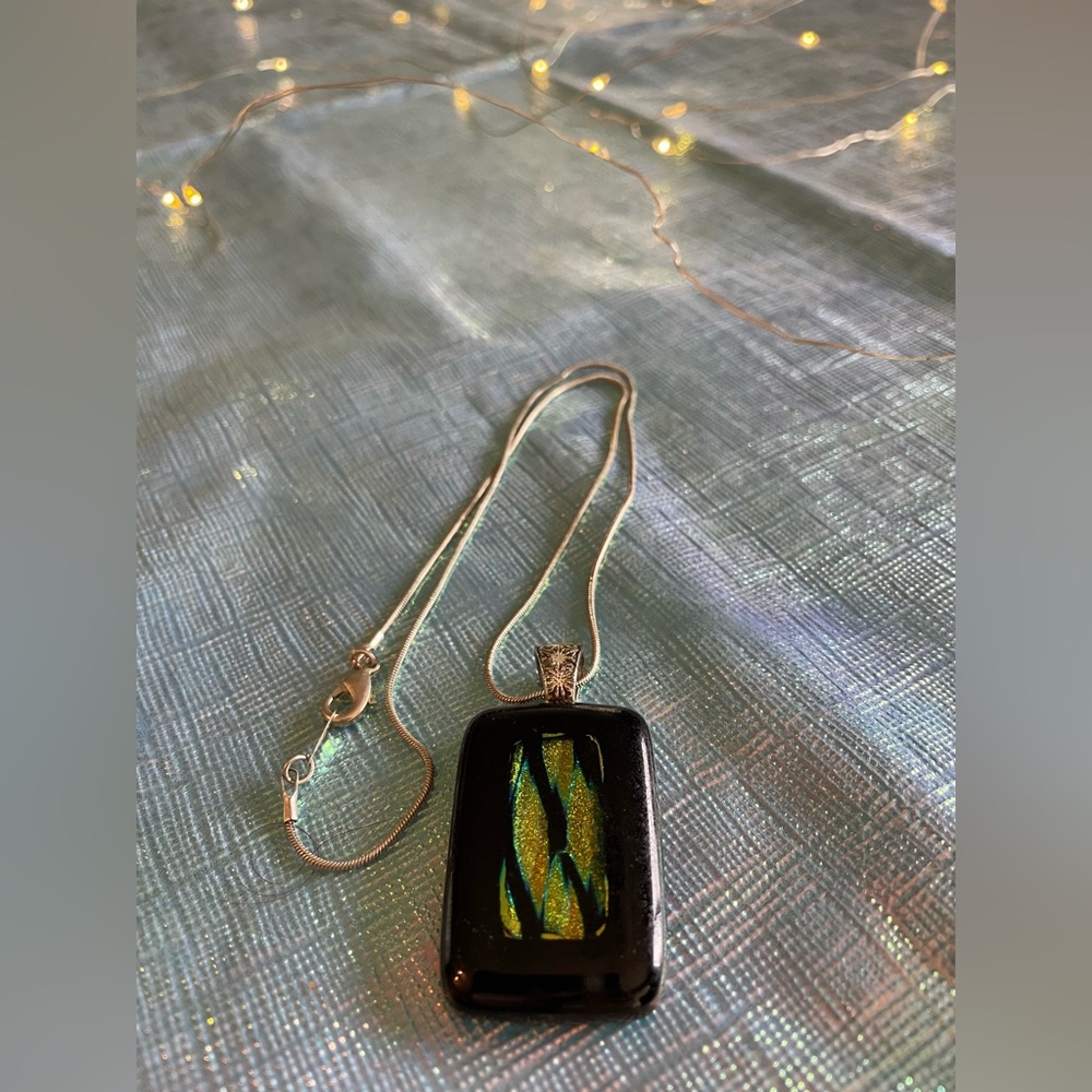 Black with Gold and Green Rectangle Pendant Necklace
